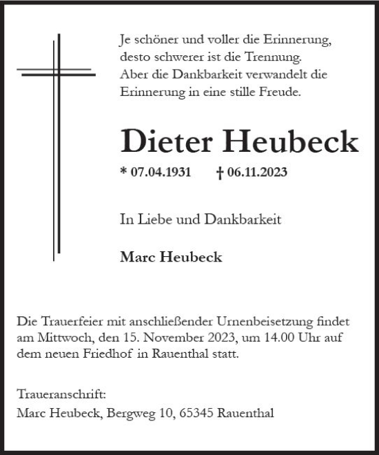 Traueranzeige von Dieter Heubeck von Rheingau Kurier