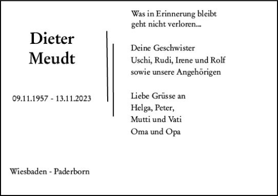 Traueranzeige von Dieter Meudt von Wiesbadener Kurier
