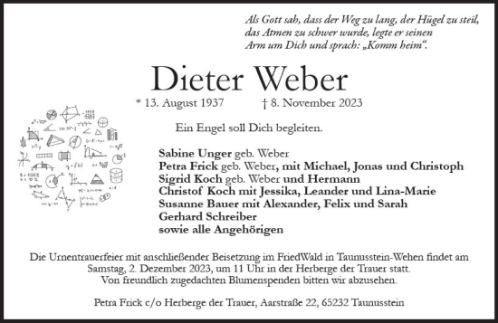 Traueranzeige von Dieter Weber von Wiesbadener Kurier
