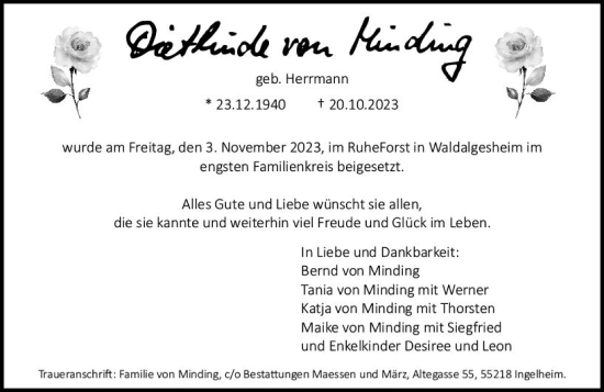 Traueranzeige von Dietlinde von Minding von Allgemeine Zeitung Bingen/Ingelheim