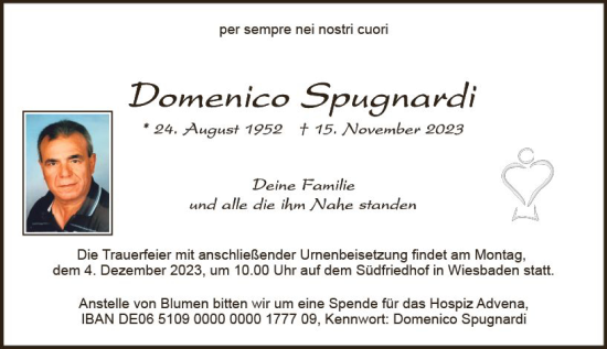 Traueranzeige von Domenico Spugnardi von Wiesbadener Kurier