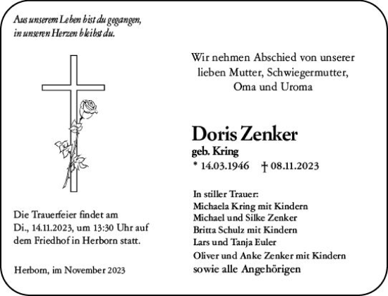 Traueranzeige von Doris Zenker von Dill Block