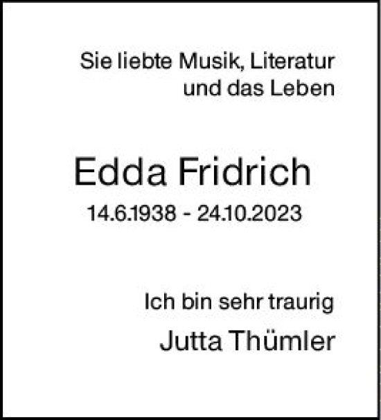 Traueranzeige von Edda Fridrich von Wiesbadener Kurier
