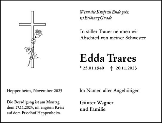 Traueranzeige von Edda Trares von Starkenburger Echo