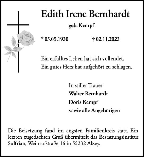Traueranzeige von Edith Irene Bernhardt von Allgemeine Zeitung Alzey