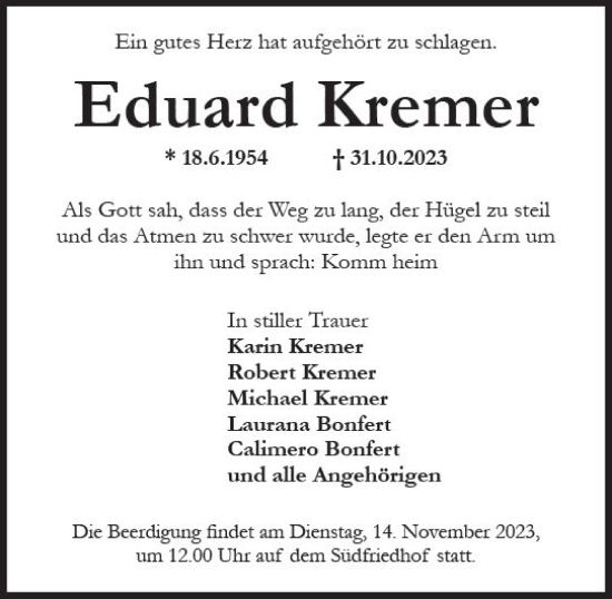 Traueranzeige von Eduard Kremer von Wiesbadener Kurier