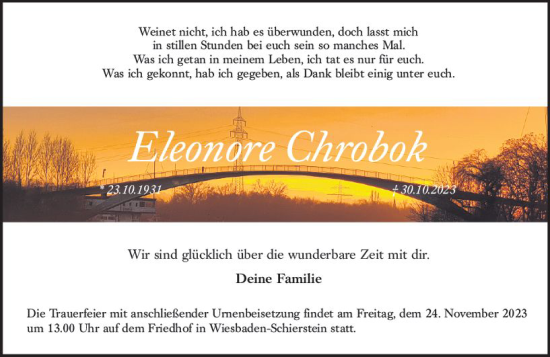 Traueranzeige von Eleonore Chrobok von Wiesbadener Kurier