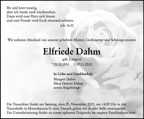Traueranzeige von Elfriede Dahm von Hinterländer Anzeiger