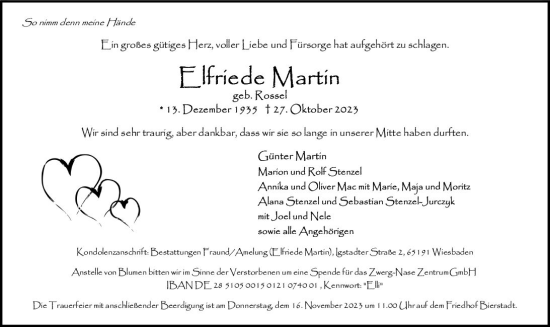 Traueranzeige von Elfriede Martin von Wiesbadener Kurier