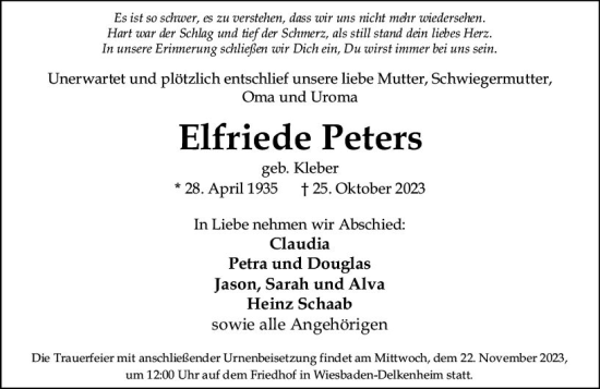 Traueranzeige von Elfriede Peters von Wiesbadener Kurier