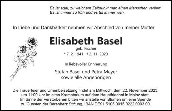 Traueranzeige von Elisabeth Basel von Allgemeine Zeitung Mainz