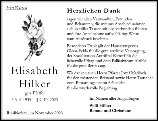Traueranzeige von Elisabeth Hilker von Oberhessen Kurier