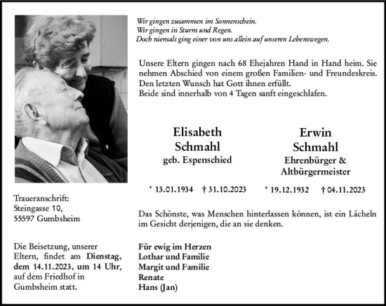 Traueranzeige von Elisabeth  Schmahl von Allgemeine Zeitung Alzey