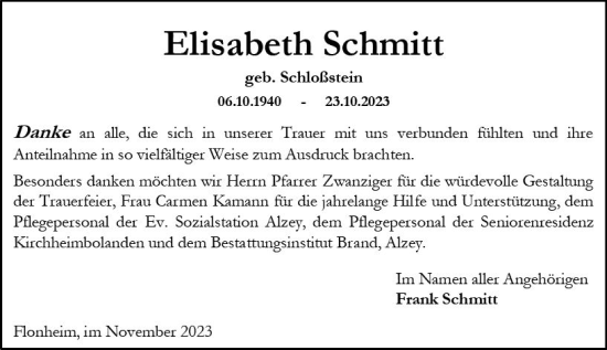 Traueranzeige von Elisabeth Schmitt von Allgemeine Zeitung Alzey