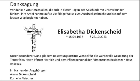 Traueranzeige von Elisabetha Dickenscheid von Allgemeine Zeitung Bingen/Ingelheim