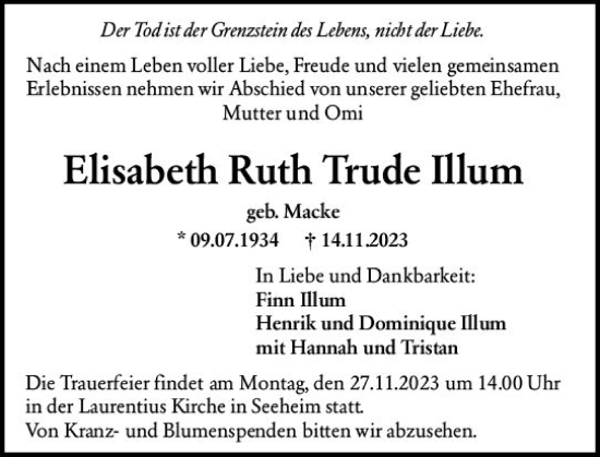 Traueranzeige von Elisabeth Ruth Trude Illum von Darmstädter Echo