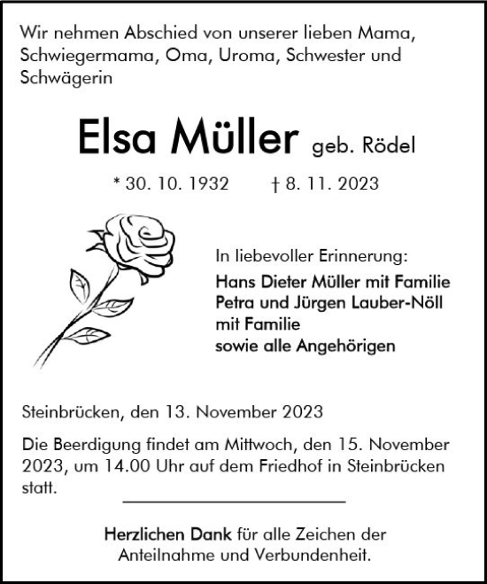 Traueranzeige von Elsa Müller von Dill Block