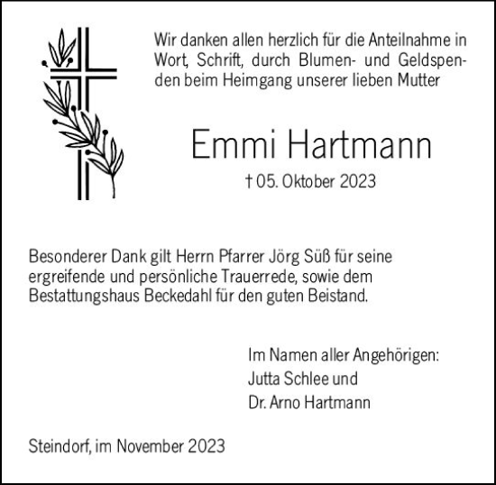 Traueranzeige von Emmi Hartmann von Wetzlarer Neue Zeitung