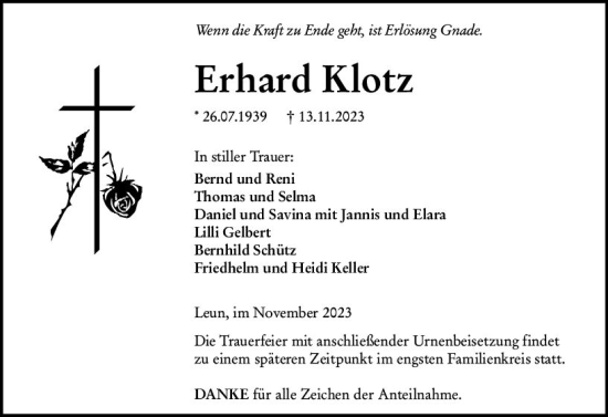 Traueranzeige von Erhard Klotz von Wetzlarer Neue Zeitung