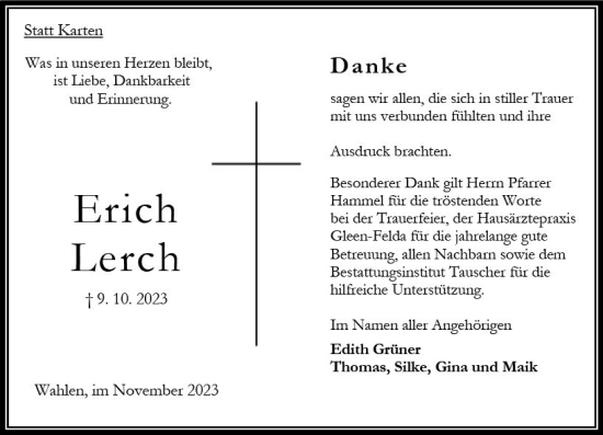 Traueranzeige von Erich Lerch von Oberhessen Kurier