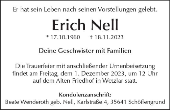 Traueranzeige von Erich Nell von Wetzlarer Neue Zeitung