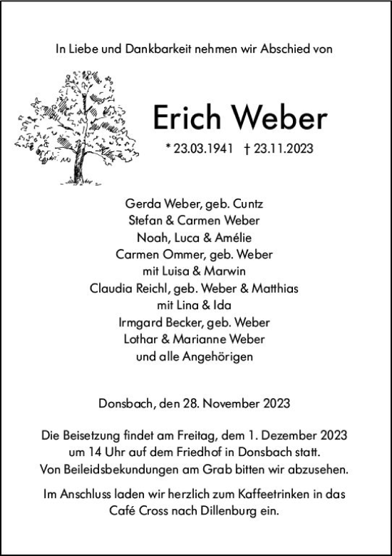 Traueranzeige von Erich Weber von Dill Block