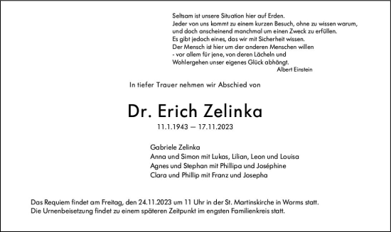 Traueranzeige von Erich Zelinka von Wormser Zeitung