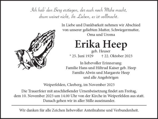 Traueranzeige von Erika Heep von Wetzlarer Neue Zeitung