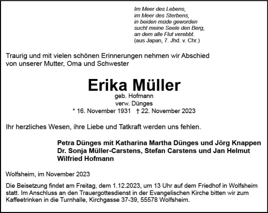 Traueranzeige von Erika Müller von Allgemeine Zeitung Bingen/Ingelheim