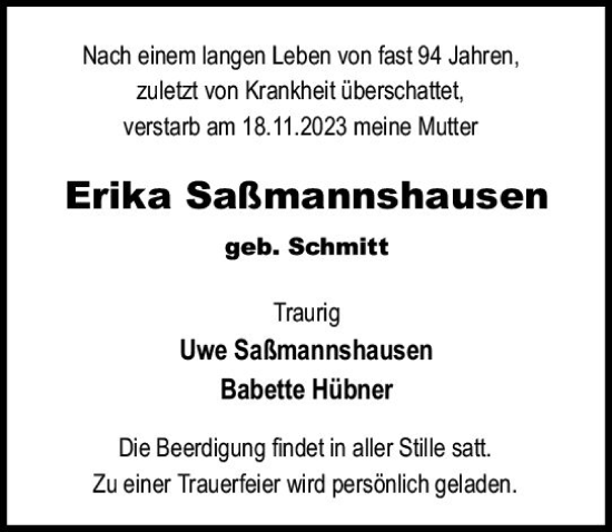 Traueranzeige von Erika Saßmannshausen von Allgemeine Zeitung Mainz