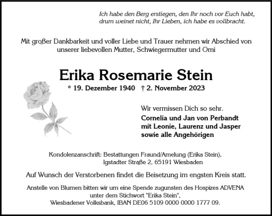 Traueranzeige von Erika Rosemarie Stein von Wiesbadener Kurier