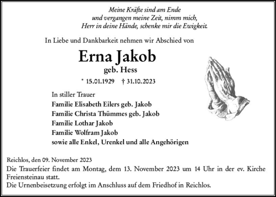Traueranzeige von Erna Jakob von VRM Trauer Traueranzeige von Erna Jakob von VRM Trauer