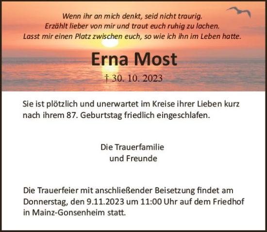 Traueranzeige von Erna Most von Allgemeine Zeitung Mainz