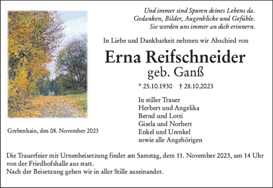 Traueranzeige von Erna Reifschneider von VRM Trauer