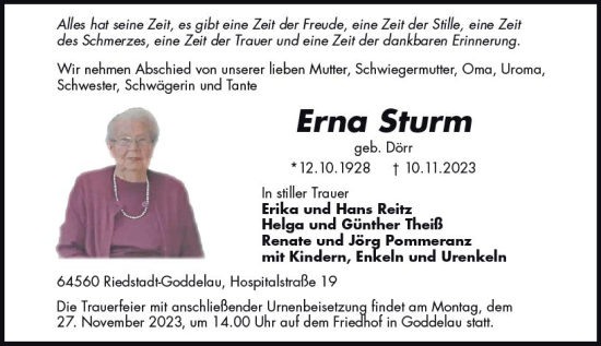 Traueranzeige von Erna Sturm von Groß-Gerauer Echo