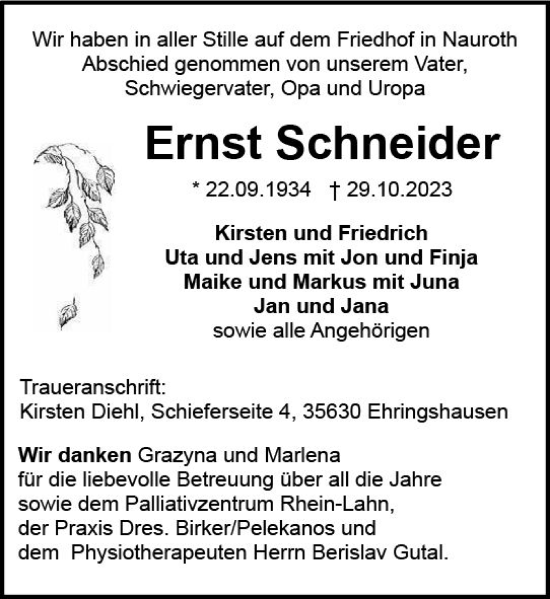 Traueranzeige von Ernst Schneider von Idsteiner Land/Untertaunus
