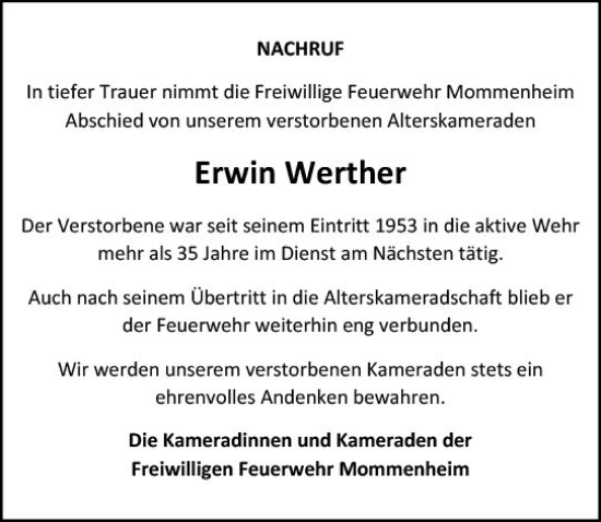 Traueranzeige von Erwin Werther von Allgemeine Zeitung Mainz