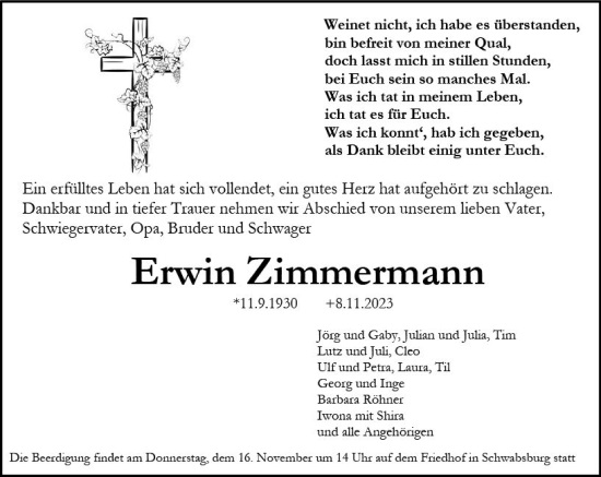 Traueranzeige von Erwin Zimmermann von Allgemeine Zeitung Mainz