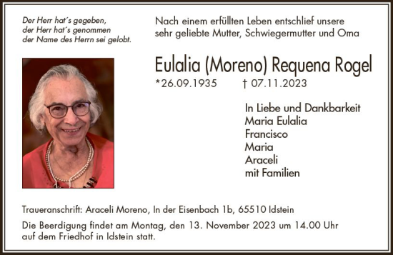 Traueranzeige von Eulalia Requena Rogel von Idsteiner Land/Untertaunus