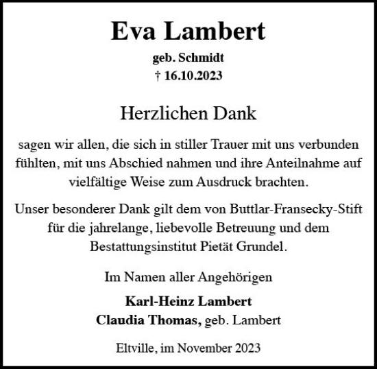 Traueranzeige von Eva Lambert von Rheingau Kurier