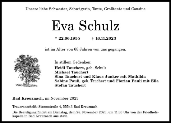 Traueranzeige von Eva Schulz von Allgemeine Zeitung Bad Kreuznach