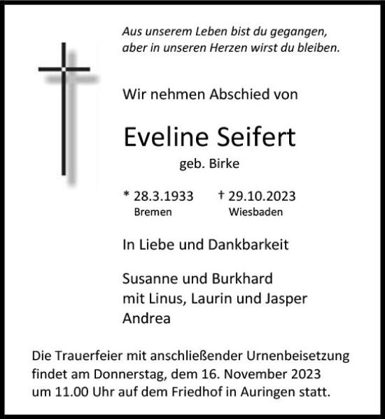 Traueranzeige von Eveline Seifert von Wiesbadener Kurier