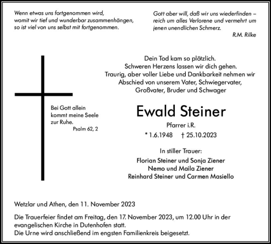 Traueranzeige von Ewald Steiner von Wetzlarer Neue Zeitung