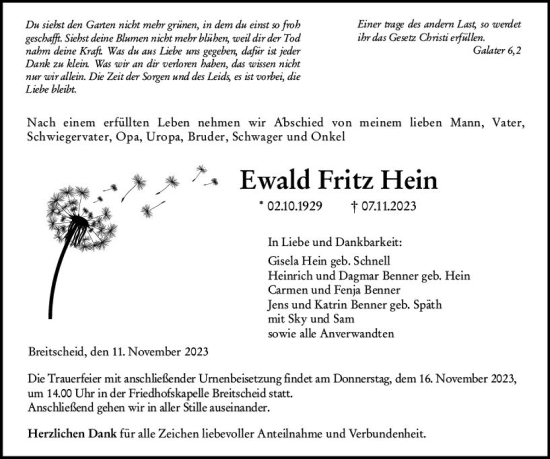 Traueranzeige von Ewald Fritz Hein von Dill Block