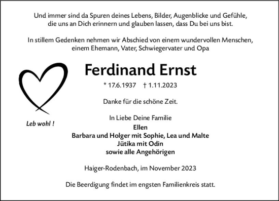 Traueranzeige von Ferdinand Ernst von Dill Block