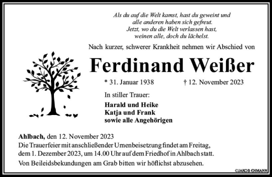 Traueranzeige von Ferdinand Weißer von Nassauische Neue Presse