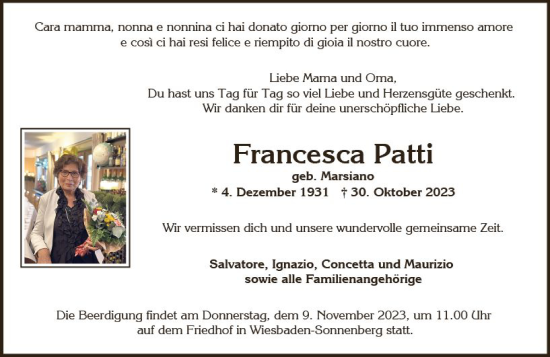 Traueranzeige von Francesca Patti von Wiesbadener Kurier