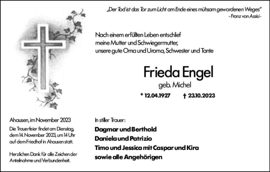 Traueranzeige von Frieda Engel von Weilburger Tageblatt
