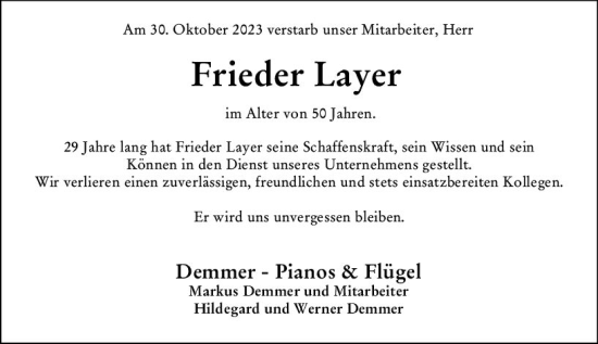 Traueranzeige von Frieder Layer von Nassauische Neue Presse