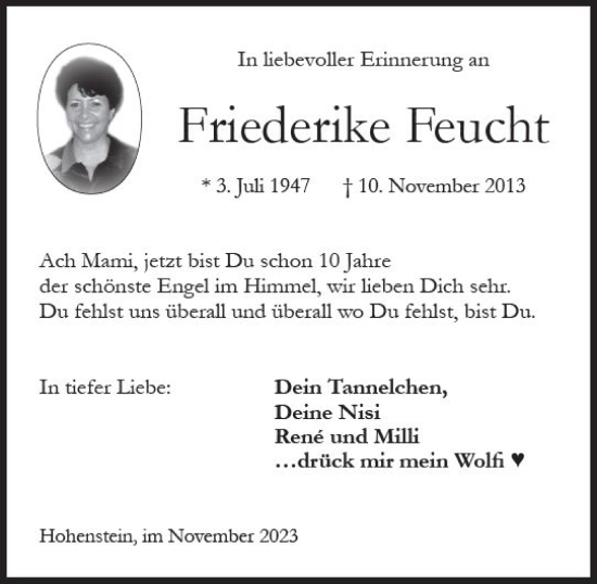Traueranzeige von Friederike Feucht von Wiesbadener Kurier Traueranzeige von Friederike Feucht von Wiesbadener Kurier